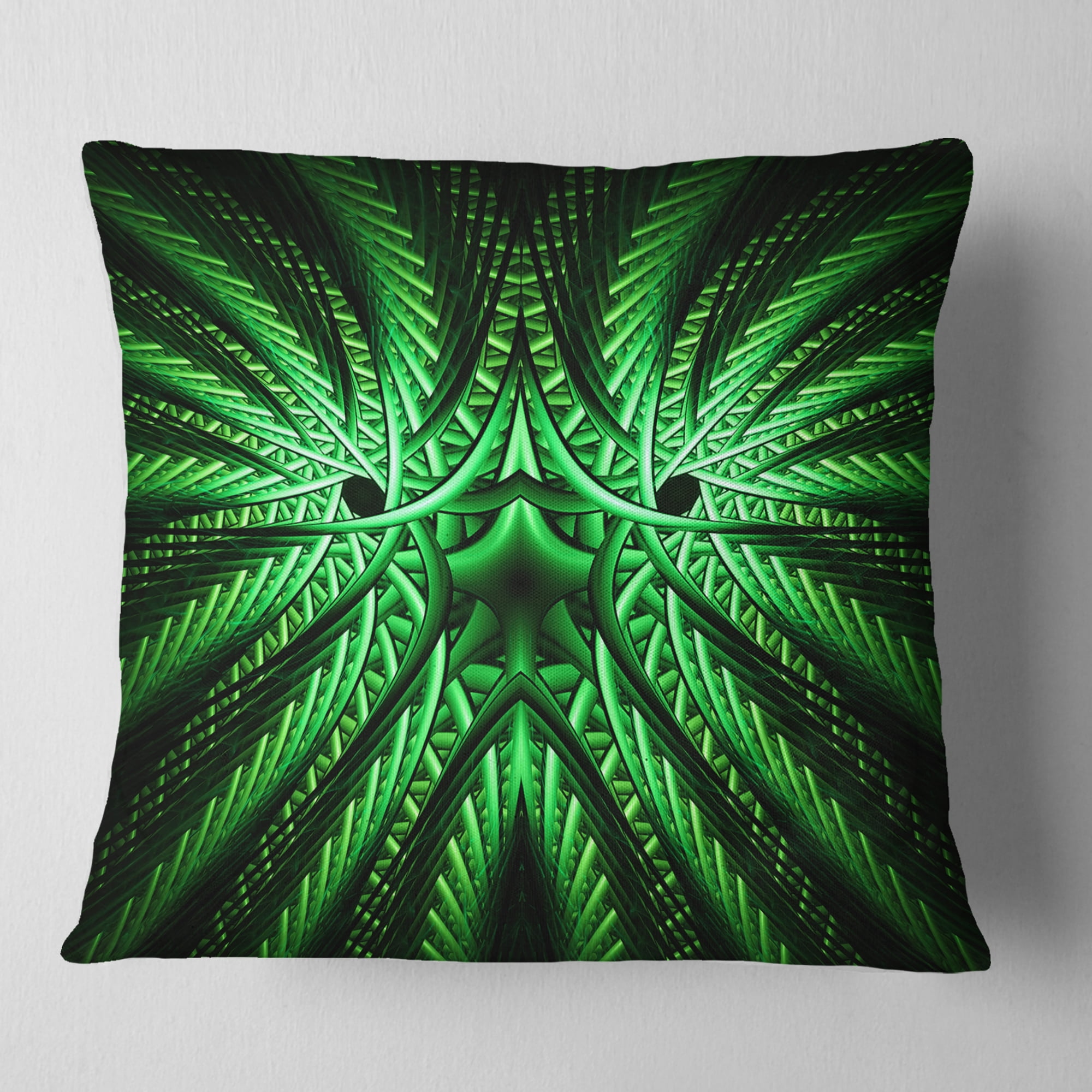 Designart Glowing Green Fractal Flower in Black - Abstract Throw Pillow - 16x16