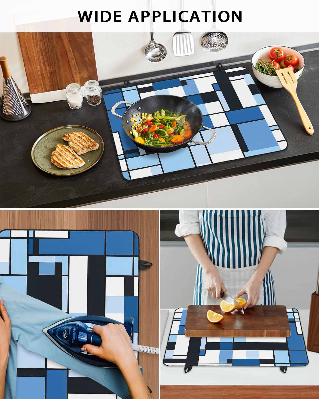 nqOlkjepod Large Induction Cooktop Protector Mat 24"x21", Black Blue Geometric Stove Top Covers for Electric Stove, Blue White Abstract Art Modern Stove Burner Cover Mats, Glass Top Stove Cover