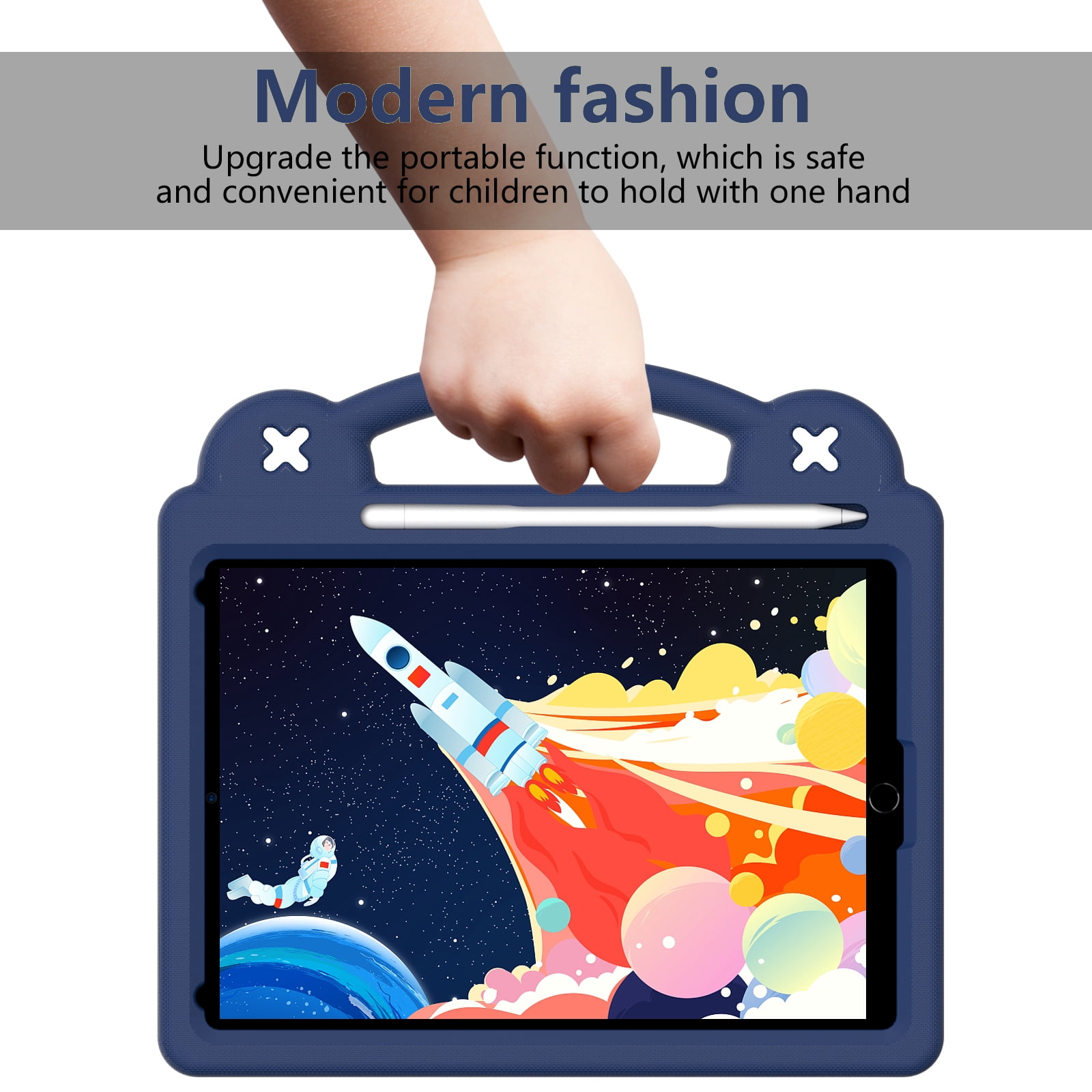 ELEHOLD Kids Case for iPad 9th/8th/7th Gen (2021/2020/2019)10.2 inch, EVA Foam Cute Cartoon Case with Built-in Kickstand Pencil Holder Shockproof Portable Case for iPad 10.2",Navyblue