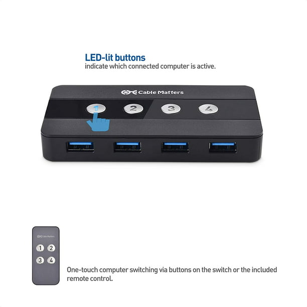 Cable Matters 4 Port USB 3.0 Switch Hub USB Switch for 4 Computers and USB Peripherals - Button or Wireless Remote Control Swapping - Includes USB-C Adapter USB-C and Thunderbolt 3 Walmart.com