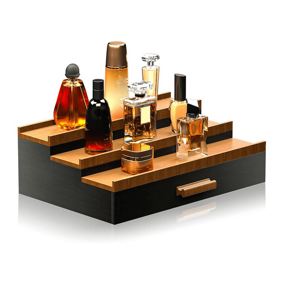 Wooden Cosmetics Storage Box Perfume Display Stand with Hidden Drawer Stepped Perfume Storage Box