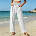 thumbnail image 2 of Htigea Womens Straight Leg Gauze Pants Elastic Waist Cotton Linen Slacks Summer Lightweight Beach Vacation Pant with Pockets White S, 2 of 6