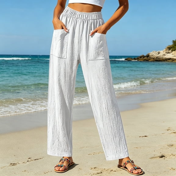 Cutuoiiu Women's Crinkled Wide Leg Beach Pants Elastic Waist Straight Leg with Patch Pockets Casual Summer Vacation Daily Wear