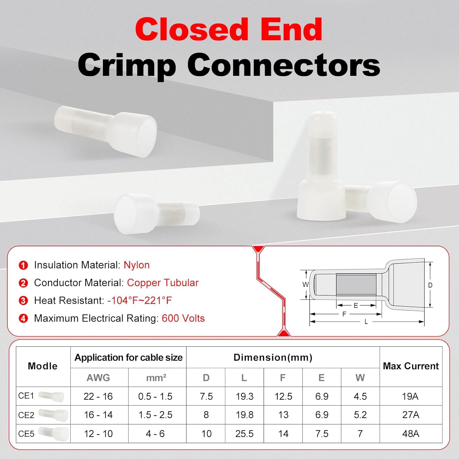 Closed end crimping connector 22-16 100 pieces of wire joint caps electrical connector terminals copper core and nylon wire cap crimping terminals for 22,20,18,16 gauge wire sizes, (1)
