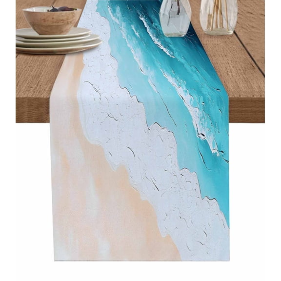 Hokiten Table Runners 60 Inches Long Dress Scarves, Blue Ocean Farmhouse Kitchen/Dining Table Runner, Small Coffee Tablerunners, Summer Ombre Beach Waves Coastal 13x60 Inch