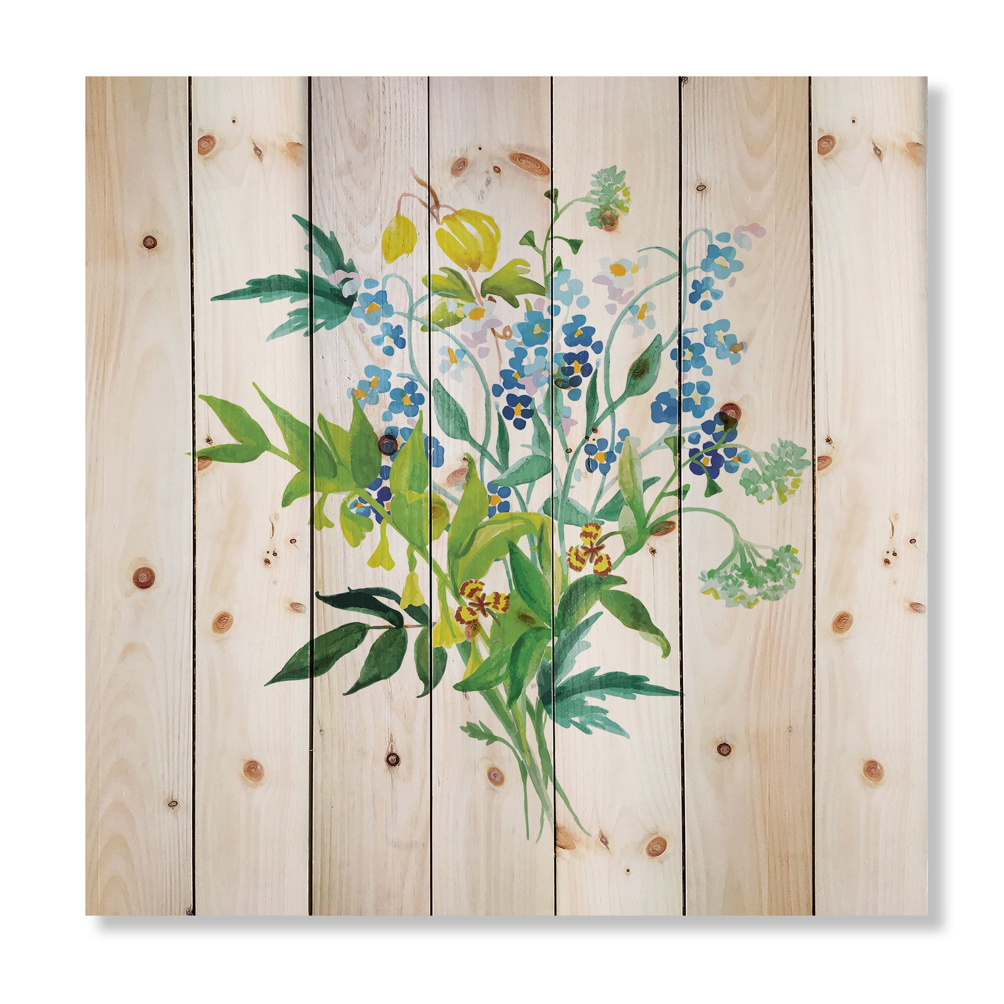 Designart 'Meadow Flowers Garland On White' Farmhouse Print on Natural Pine Wood