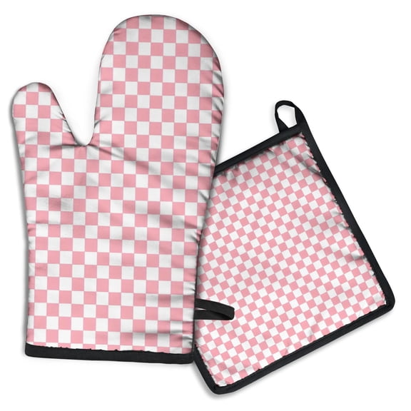 Pink and White Checkerboard Pattern Kitchen Oven Mitt and Pot Holder Sets 2 Pcs for Baking, Cooking and Grilling, Heat Resistant Up To 392 °F