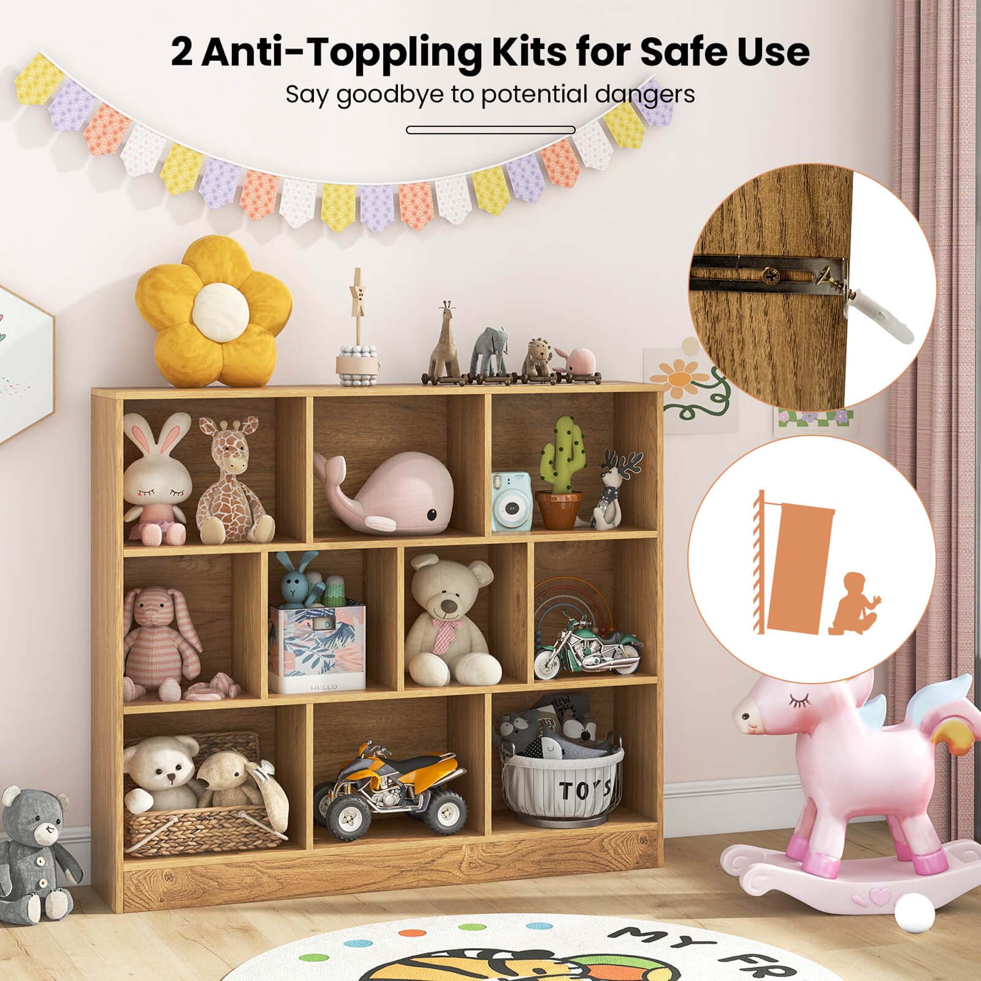 Costway 10-Cube Bookcase for Kids 41"Wooden Toy Storage Organizer for Kid’s Room Natural