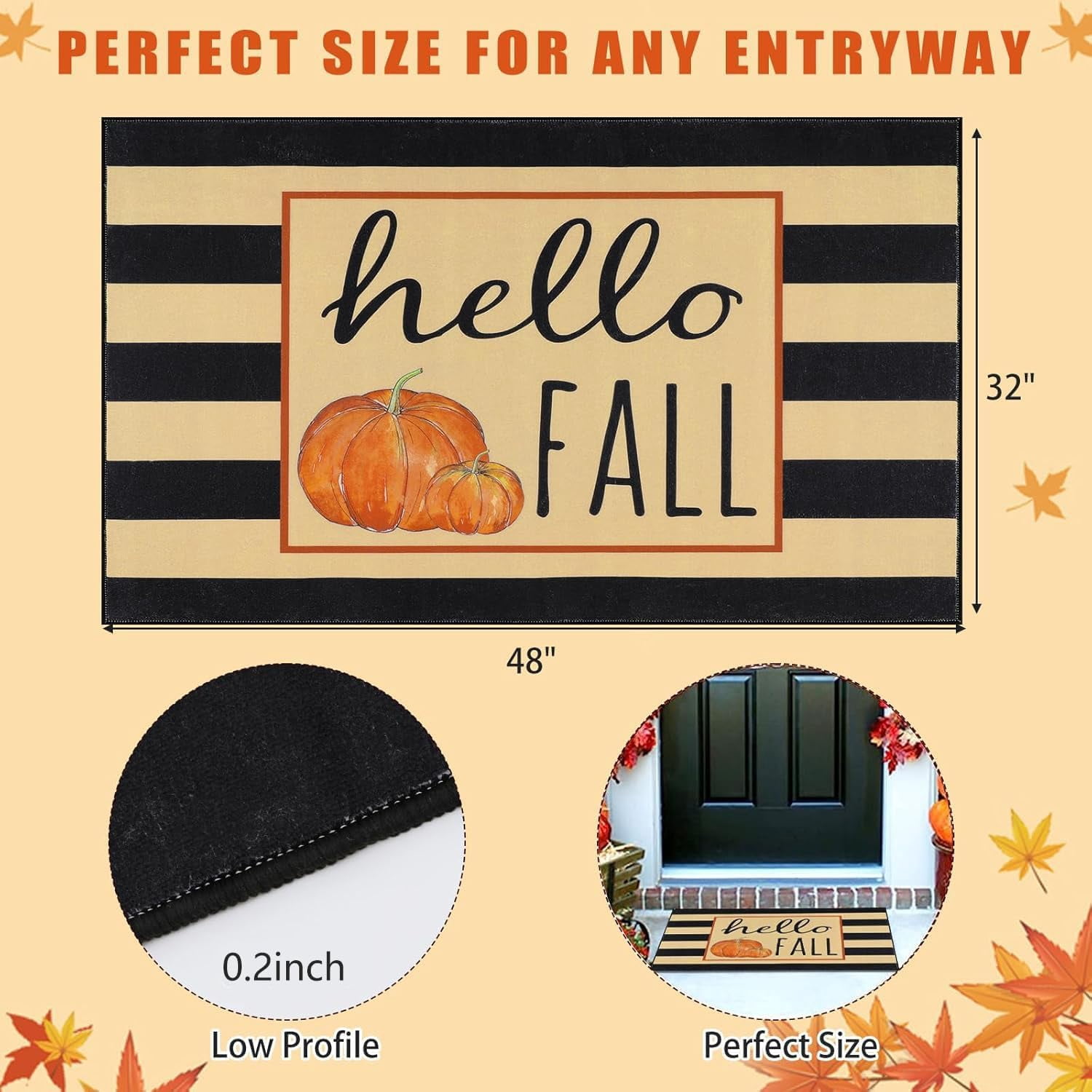 HEBE Fall Door Mat 20"x32" Non Slip Pumpkin Welcome Doormat Buffalo Plaid Doormats for Autumn Harvest Thanksgiving Farmhouse Large Entrance Doormat Low Profile Floor Carpet Mat Washable