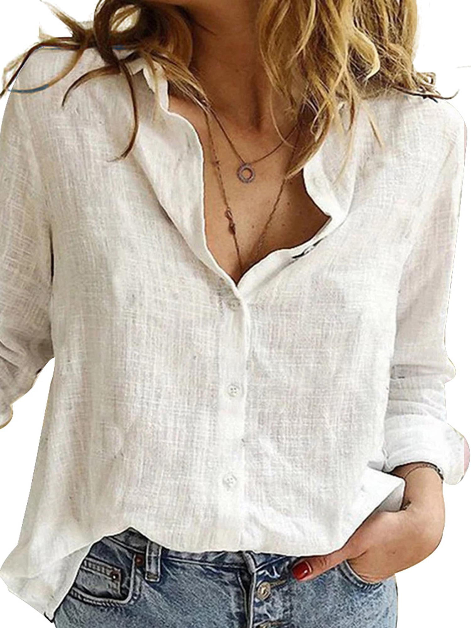 Astylish Women Casual Cuffed 3 4 Sleeve Button up V Neck Tunic Shirts Tops