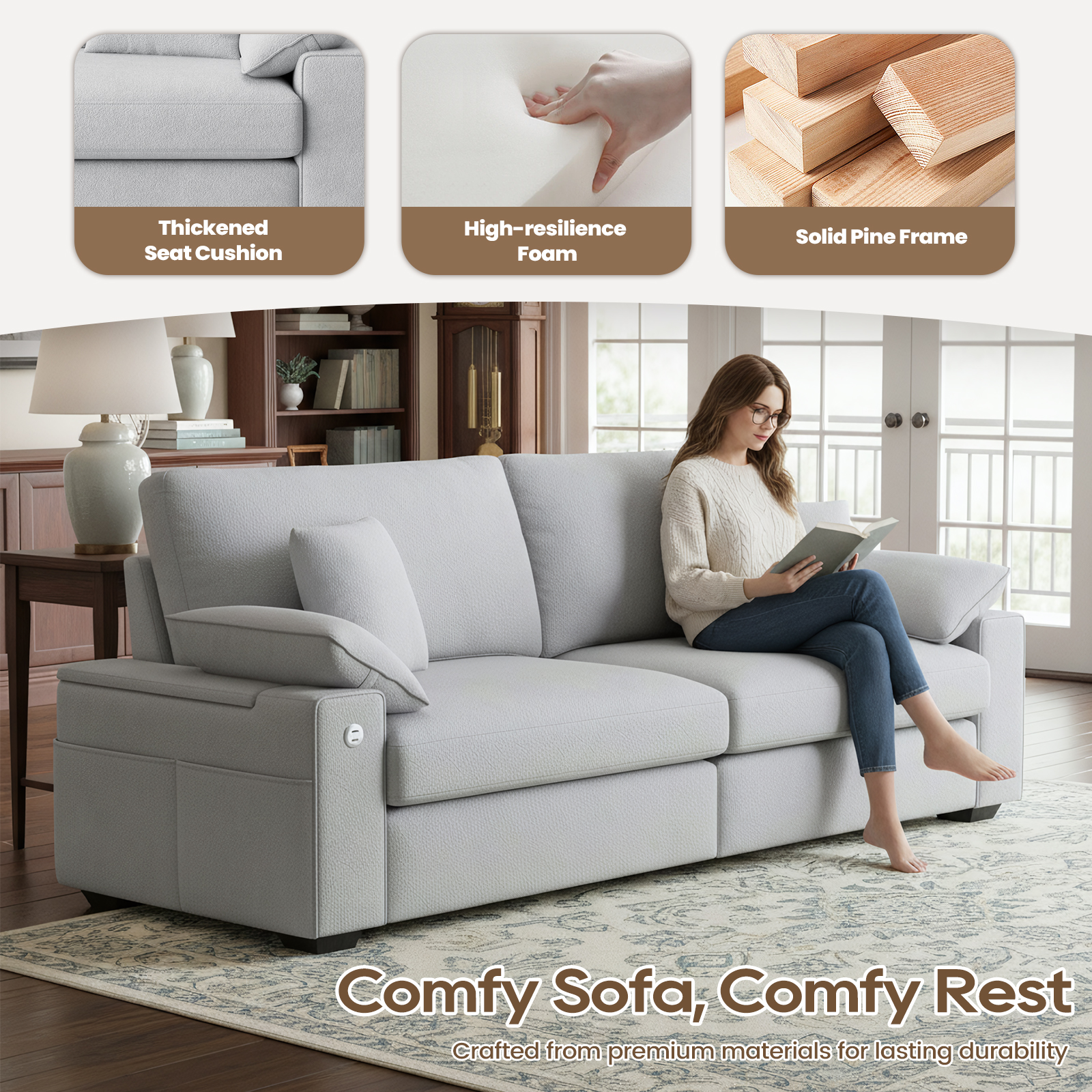 EOP 89" Loveseat Sofa, Comfy Modern 2-Seats Sofa with Pillow Armrest, USB/Type-C Port, Side Storage, Removable Cover, Deep Seat Couch, Small Couches for Small Space and Living Room, Light Gray