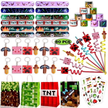 60 Pcs Miner Pixel Theme Birthday Party Favors Keychain Slap band Stickers Treat Bag Straw for Kids Party Supply
