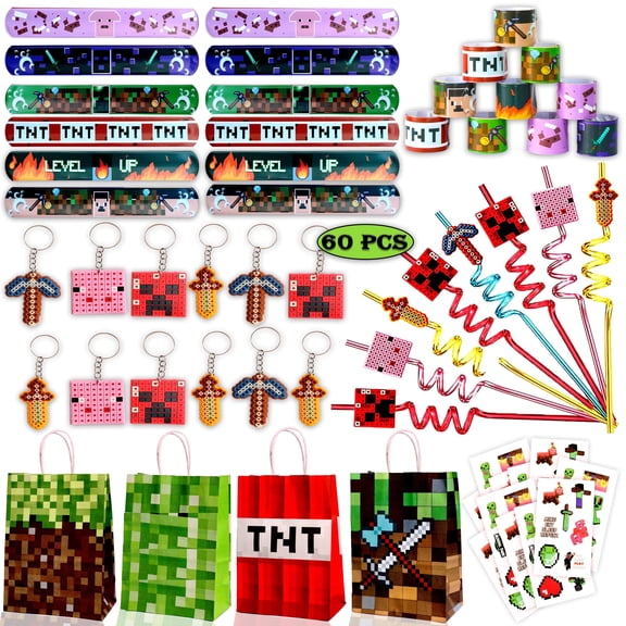 60 Pcs Miner Pixel Theme Birthday Party Favors Keychain Slap band Stickers Treat Bag Straw for Kids Party Supply