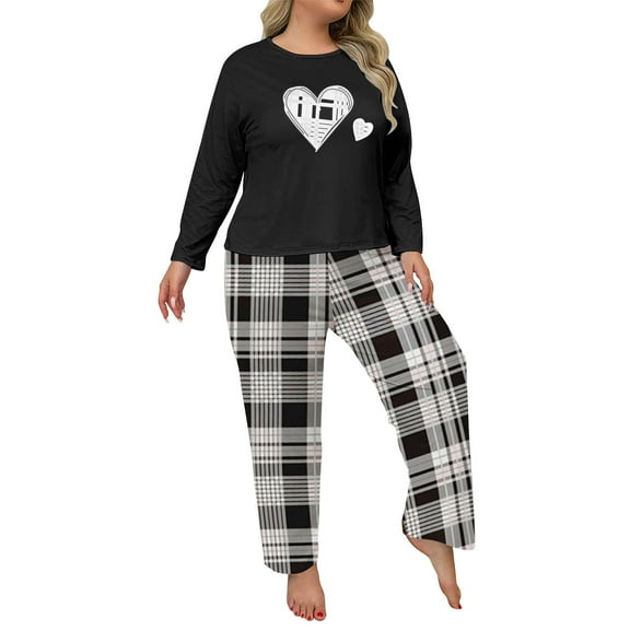 Hueook Airport Outfits for Women 2025 Womens Plaid Print Two-piece Long-sleeved Trousers Suit Black XL