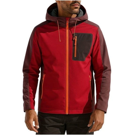 Iugvhana Men's Softshell Jacket Fleece Lined Warm Outdoor Hiking Jackets Waterproof Zip Up Casual Hooded Windbreaker Jacket with Zipper Pocket Red L