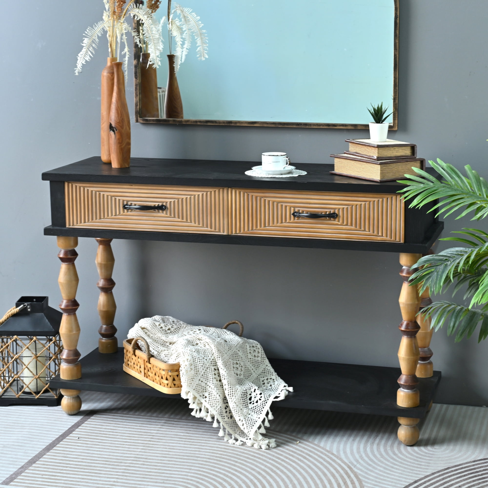 Leumius 47.64" Accent Rustic Carved Table, Rectangle Solid Wooden Console Table with Open Shelf and 2 Drawers for Kitchen, Dining Room, Living Room