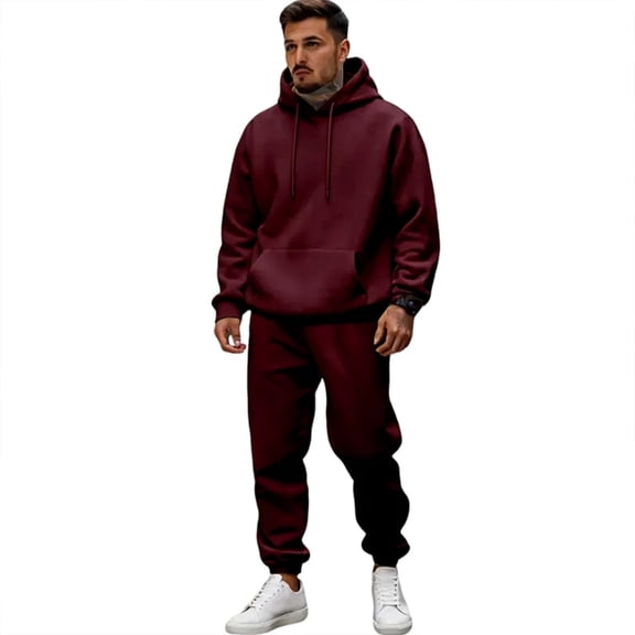 Nokdvo Mens Sweatsuits Long Sleeve Sweatsuits Sets with Pockets Solid Color Hoodies and Sweatpants Casual Jogging Athletic Training Outdoor Sportswear,Wine 2XL