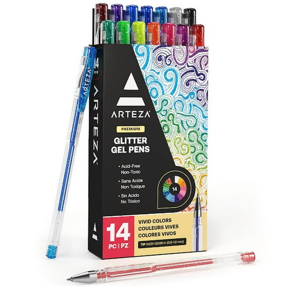 Arteza Gel Ink Colored Pens Set, Glitter, Assorted Colors - Doodle, Draw, Journal - 14 Pack