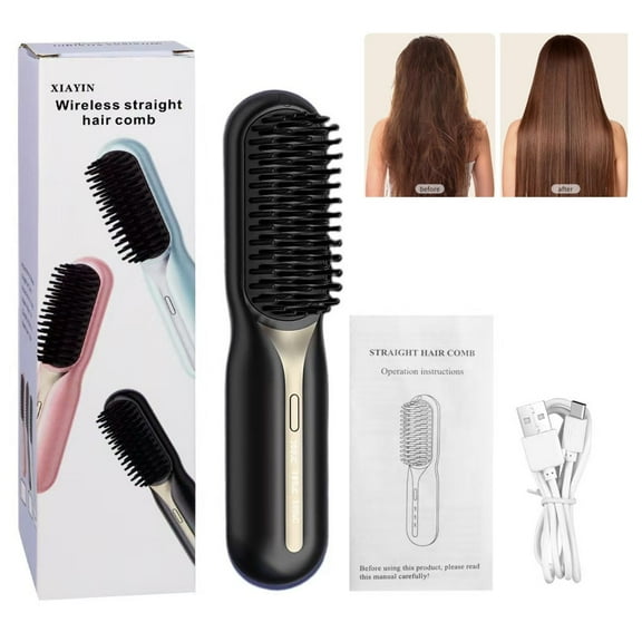 Hair Straightening Comb - Cordless Hair Straightener Brush Black – 20s Fast Heating & 3 Temp Settings Heat Insulation & Anti Scald