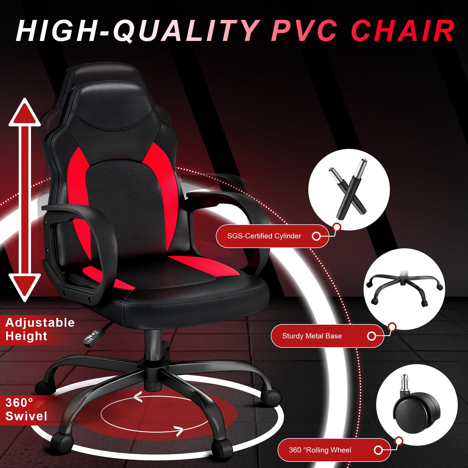 Ergonomic Gaming Chair with PU Leather Adjustable Swivel Office Chair for Home Study Red