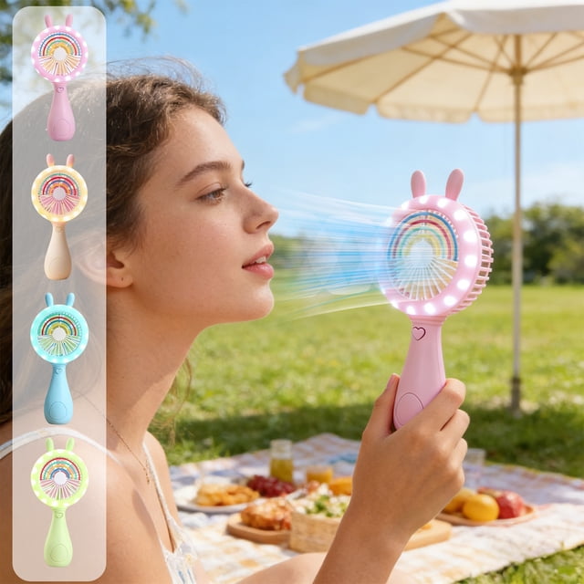 SSZMDLB 4Pcs Rabbit Shaped Handheld Fan, USB Rechargeable LED Fan with Three-Speed Adjustment, Adjustable Angle Desktop Fan for Home Office Travel, Portable Mini Cooling Fan