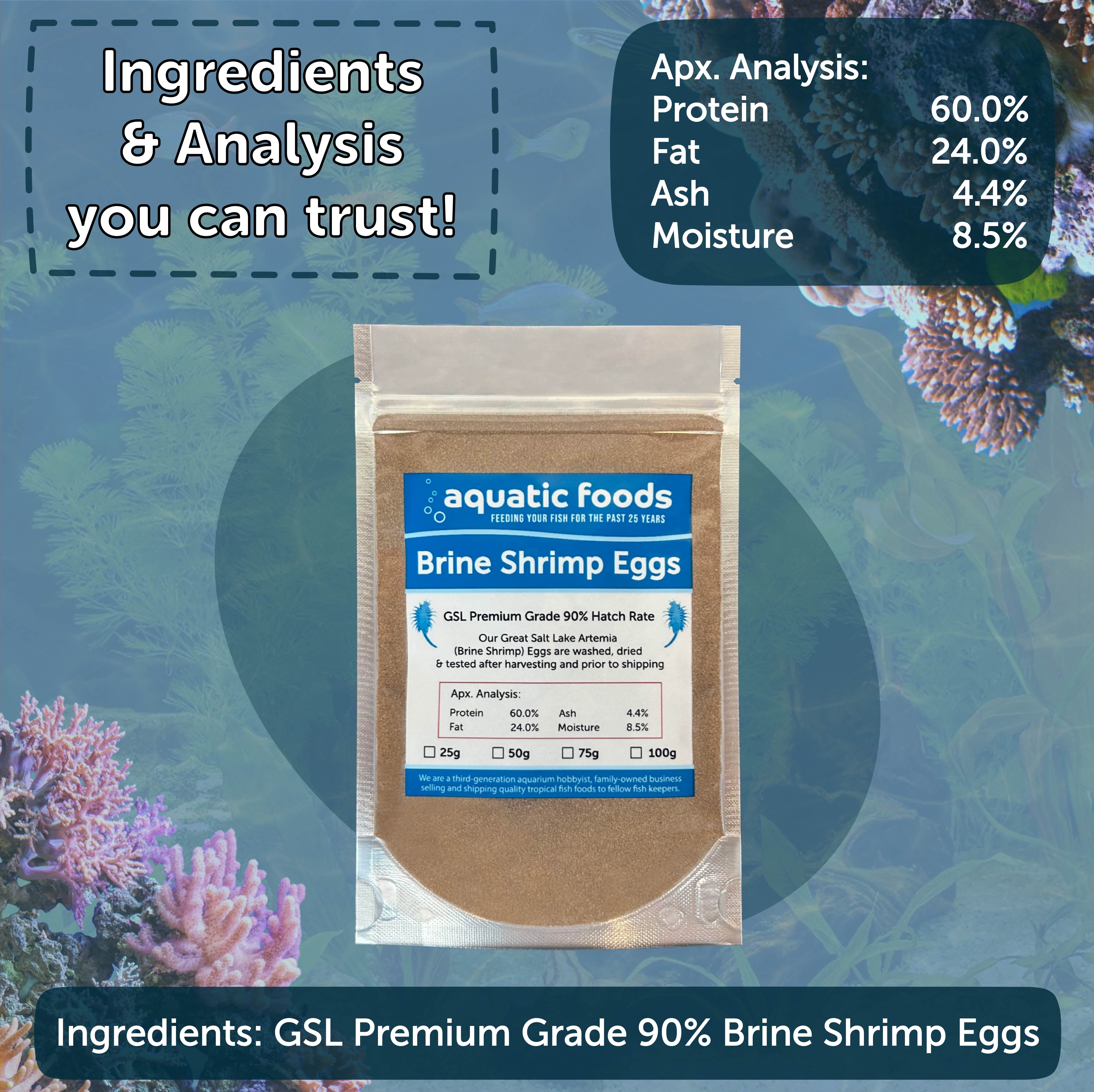 Aquatic Foods Brine Shrimp Eggs for Hatching, 85-90% Hatch Great Salt Lake Brine Shrimp Eggs50grams
