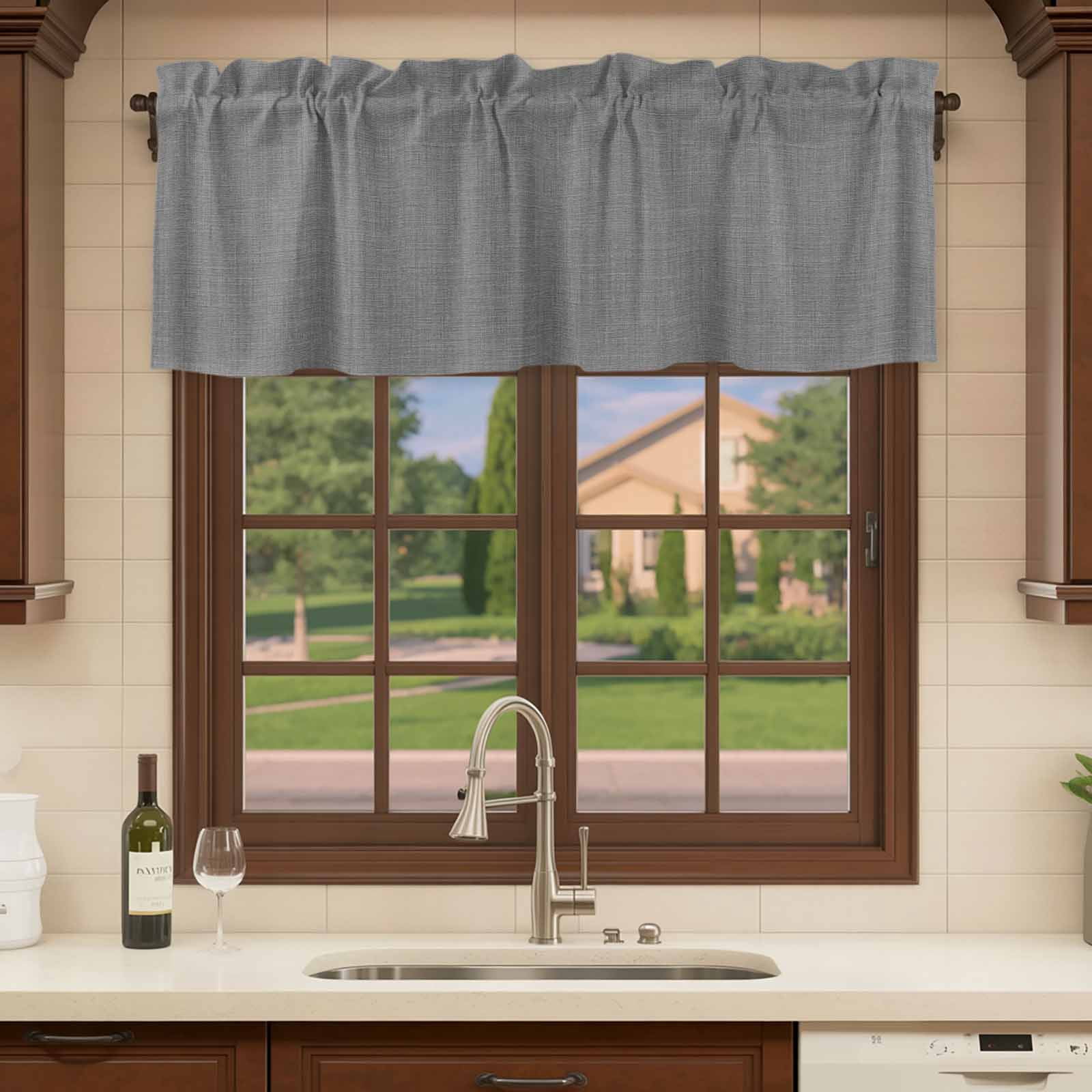 2 Pack Vintage Dark Gray Valances for Windows Bedroom Living Room Window Treatments, Farmhouse Retro Solid Color Linen Texture Rod Pocket Valance Drapes Short Kitchen Curtains Over Sink 42"x18"