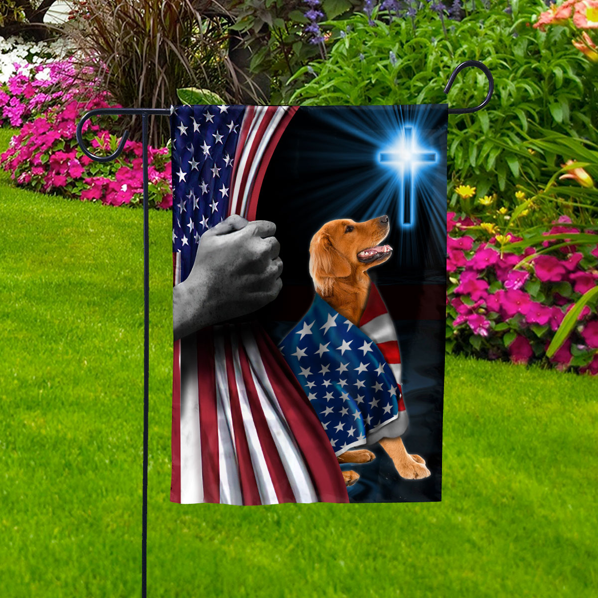 Hand Pulling USA Flag Golden Dog Wearing Flag American Standing under Cross Christian Patriotic House Flag (3x5) Double Sided- Premium Polyester-Decorative Indoor Outdoor Flag