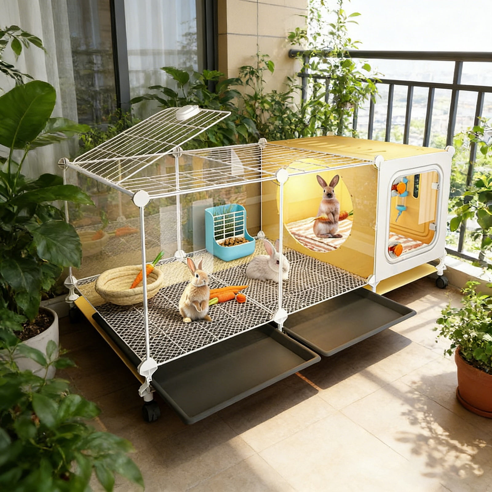 Rabbit Cage Indoor,Loft Bunny Hutch with Urine-Proof wall,Leak-Proof Trays, Wheels 41.4" Lx 17.7" Wx17.7 H for Rabbits Chinchillas, Guinea Pig and Small Animal