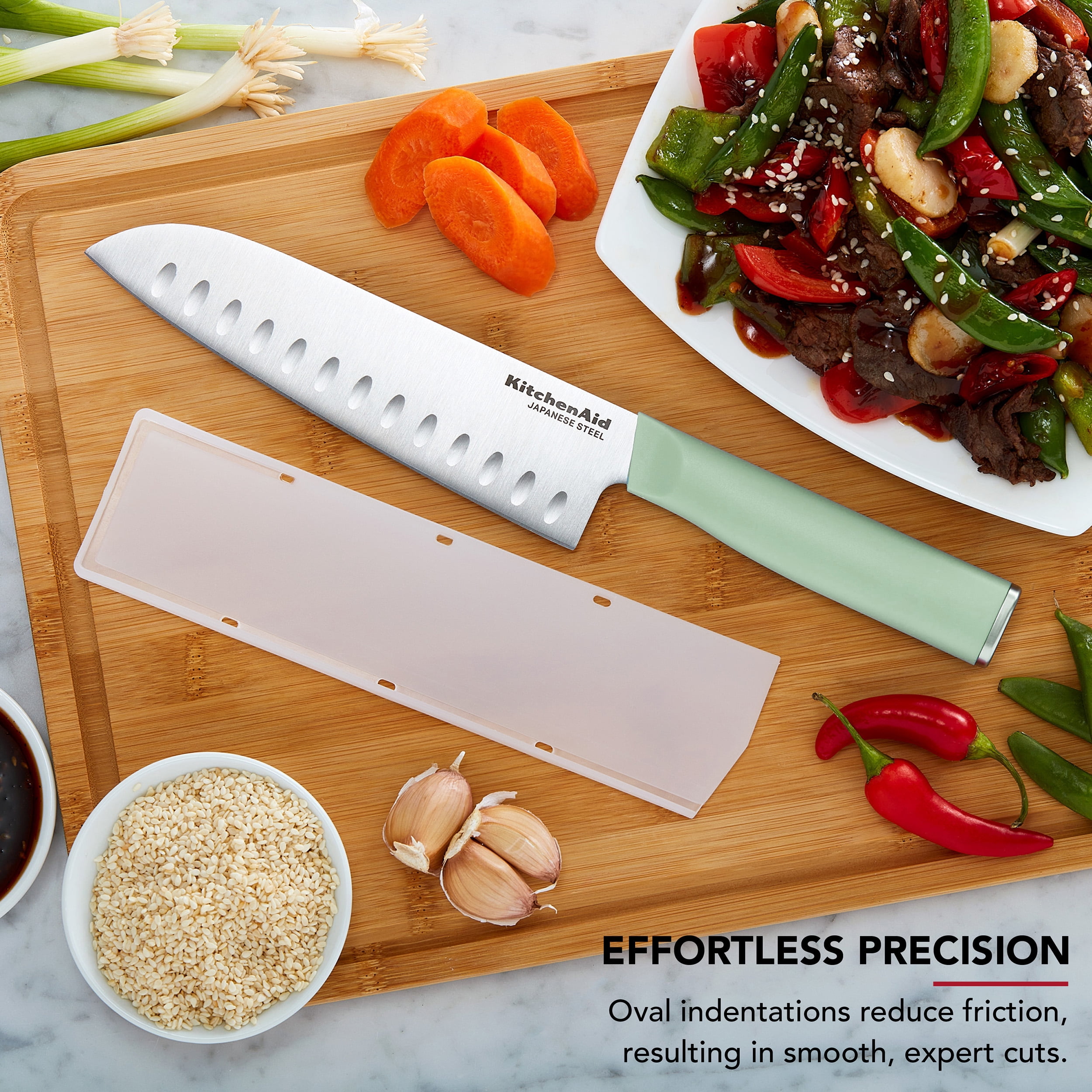 KitchenAid Classic 7-Inch Santoku Knife with Sheath, High-Carbon Japanese Steel Blade, Pistachio