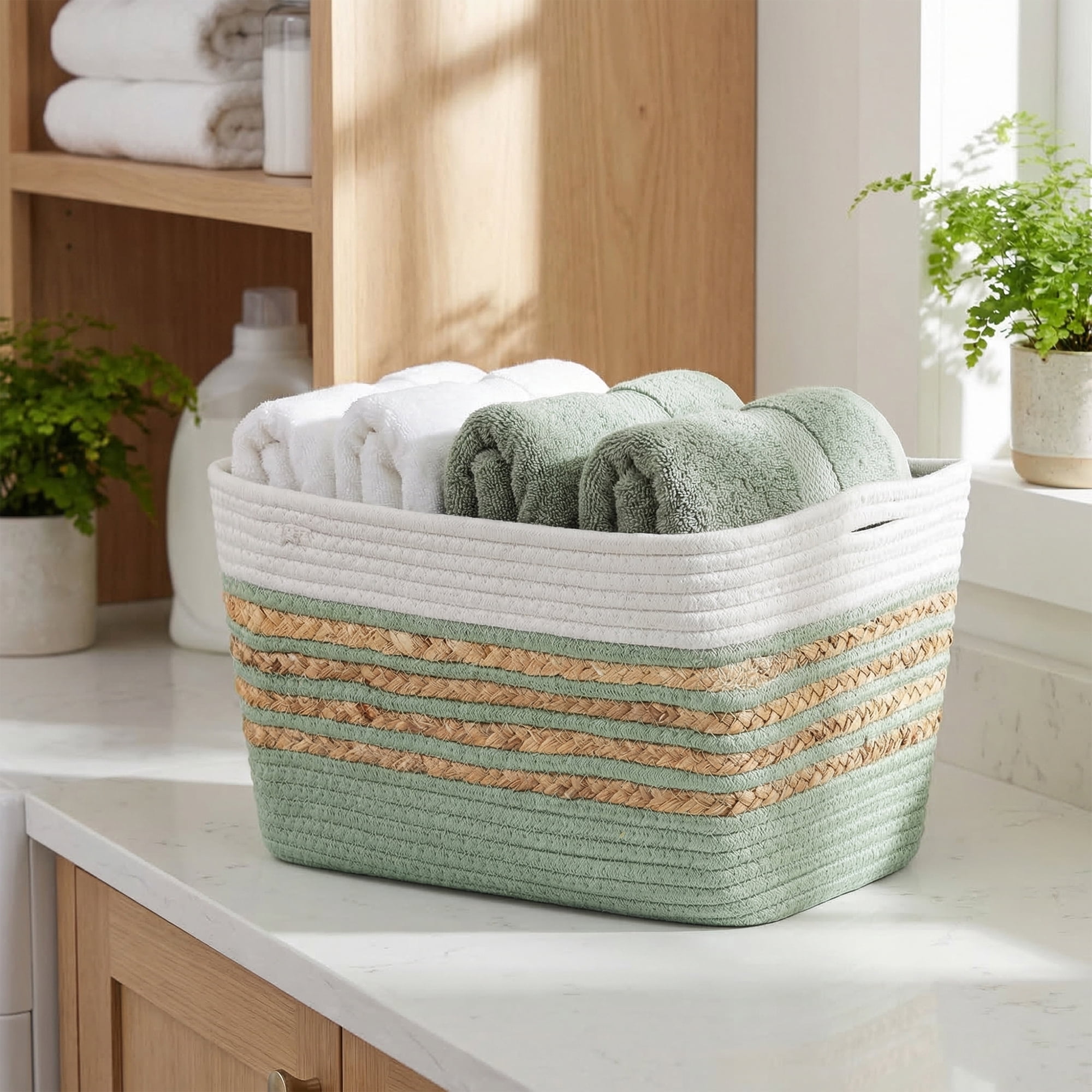 Unique Bargains Woven Storage Basket Storage Bin Green White 15*9.8*9.1in