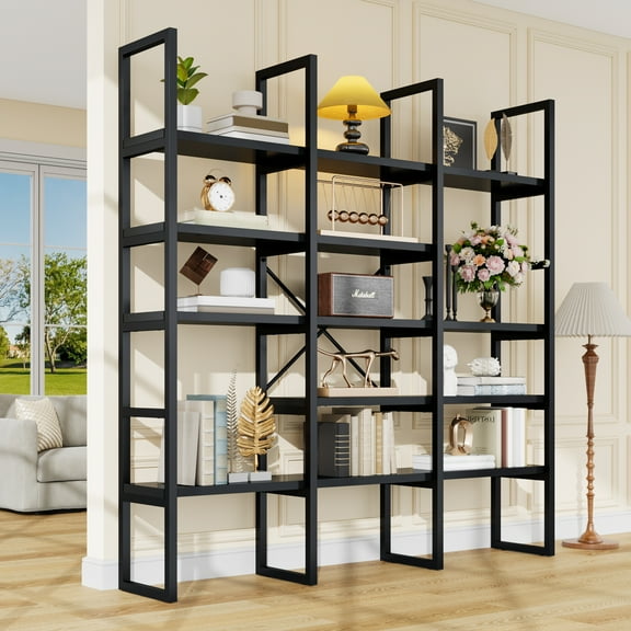 Triple 5-Tier Bookshelf - 71" Tall Industrial Bookcase with Sturdy Metal Frame, Black Modern Etagere Display Shelf for Living Room, Office & Bedroom Storage