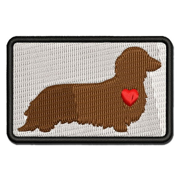 Long Haired Dachshund Dog with Heart Applique Multi-Color Embroidered Iron-On Patch - 2.5 Inch Small