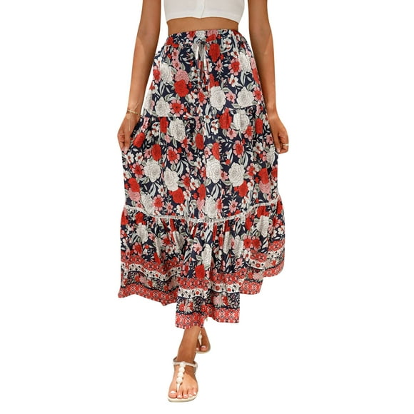 Lucakuins - Falda larga bohemia para mujer, elegante cintura elástica, floral, fluida, para verano, informal, diario Lucakuins moda