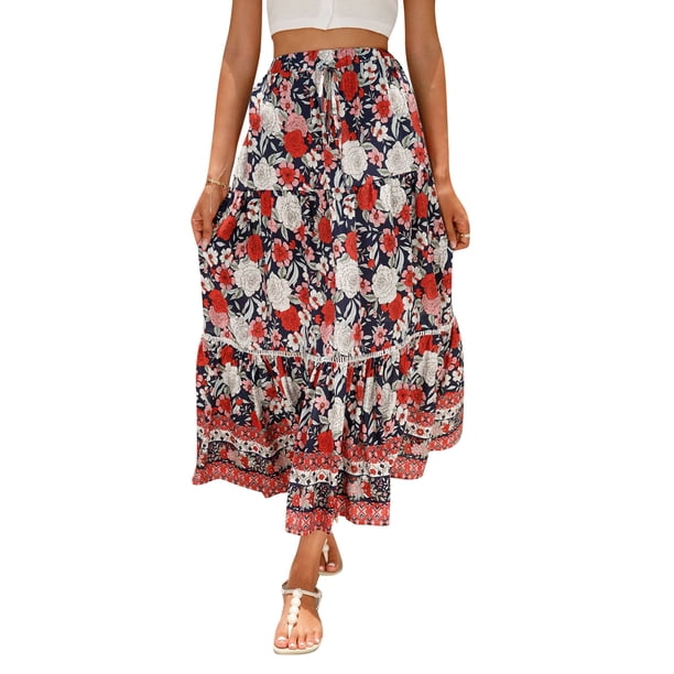 Lucakuins - Falda larga bohemia para mujer, elegante cintura elástica, floral, fluida, para verano, informal, diario Lucakuins moda
