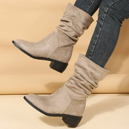 

ZMHEGW Boots For Women Pleated Pile Vintage Pointed Thick Heel Short Western Cowboy Sleeve Cavalry Boots Shoes