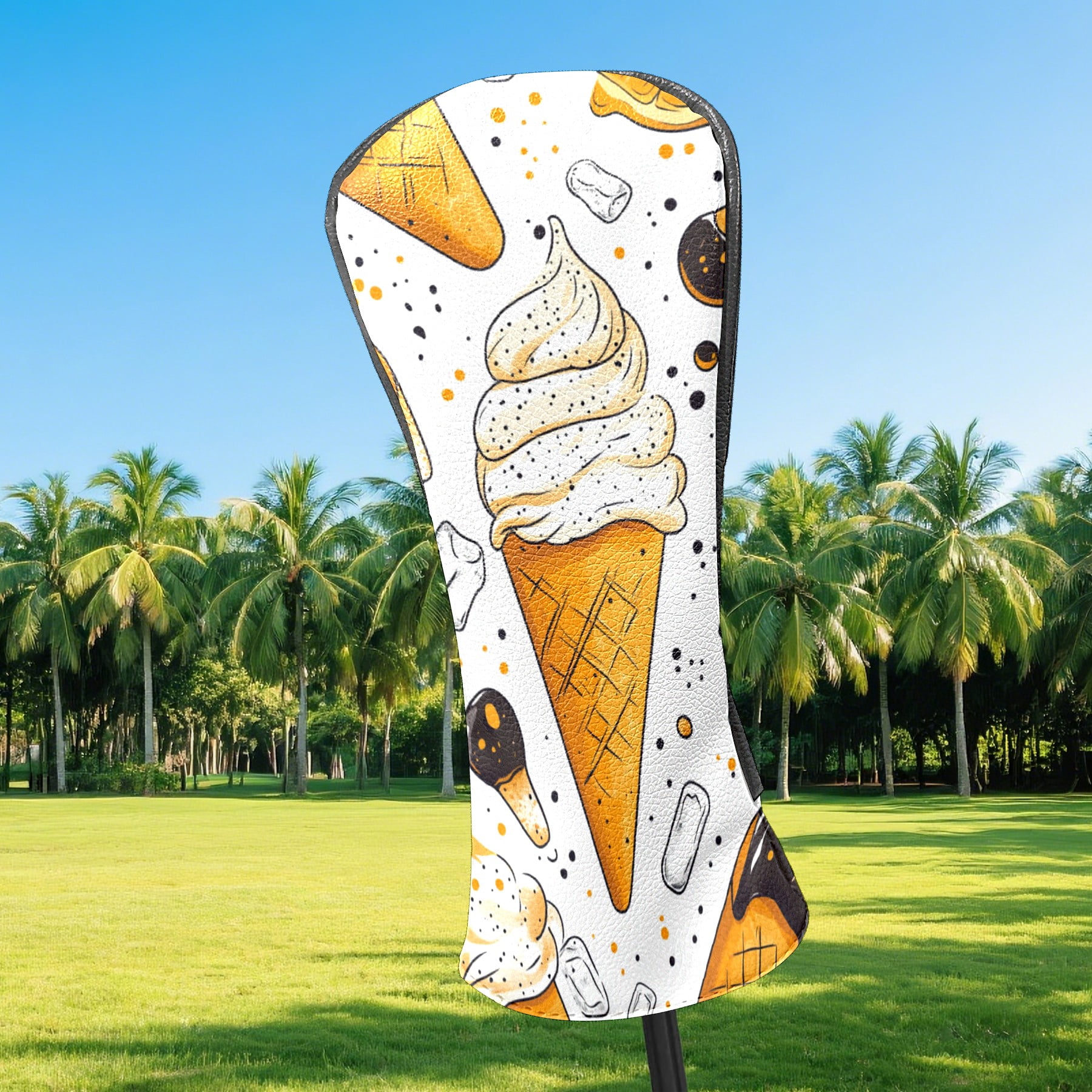 Golf Club Covers PU Leather Waterproof Head Covers for Fairway Woods Hybrids Yellow Ice Cream Pattern