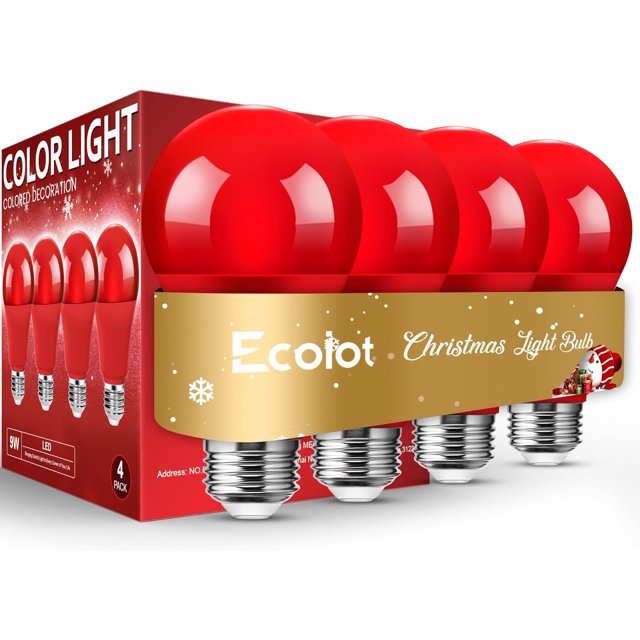 Ampoule LED Rouge, A19 9W (Équivalent 60W), Base E26 Ampoules LED Rouges, Lot de 4 pour Halloween, Noël, Fête, Porche, Décoration Intérieure/extérieure, Économe en Énergie et Durable