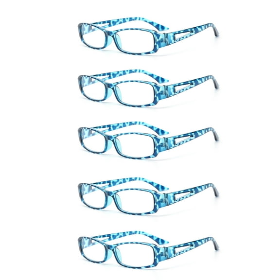 EYE ZOOM 5 Pack Classic Rectangular Plastic Reading Glasses for Men and Women, Tortoise Blue  1.50