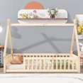 thumbnail image 2 of Miniyam Wood Twin Size Floor Bed with Guardrails for Toddler, Tent-Shaped Design, Natural, 2 of 7