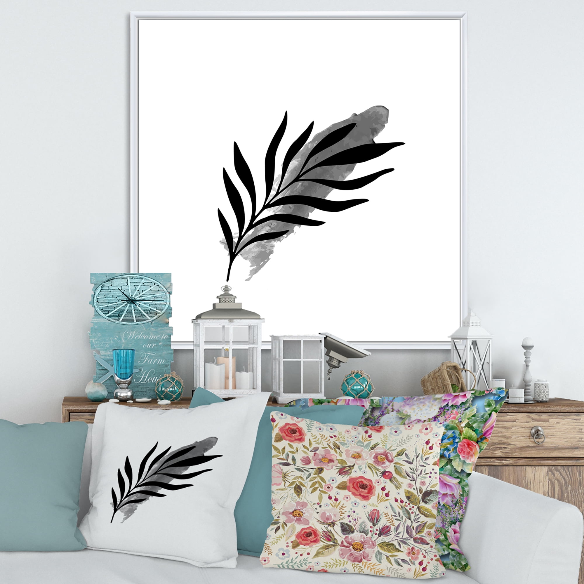 Designart 'Abstract Black Tropical Leaf I' Modern Framed Canvas Wall Art Print