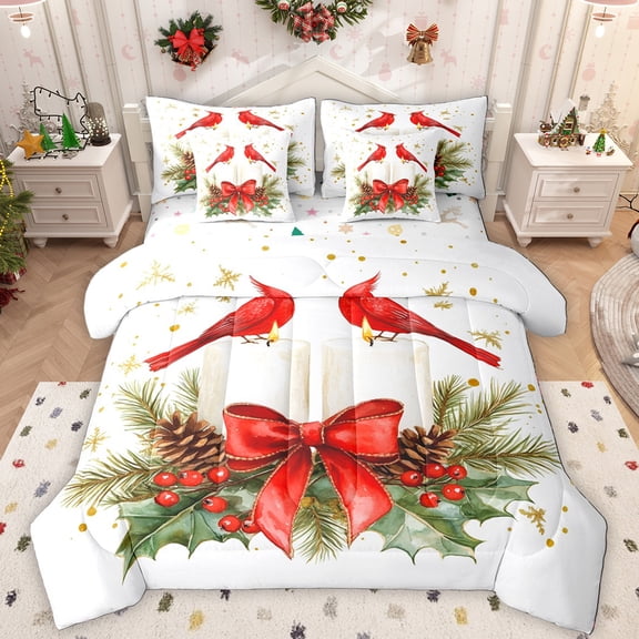 Manfei Red Cardinal Birds 7-Piece Twin Bedding Sets,Red Bow Tie Bedding Comforter Set,Christmas Floral Sheet Sets For Men Women,Breathable Home Decor Reversible