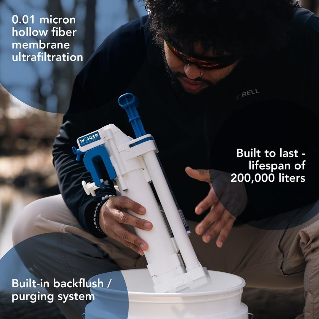 Grifaid Pioneer Outdoor Water Filtration System. Bucket Pump Purifier Produces Clean Drinking Water for Backpacking, Survival, Hiking, Emergency