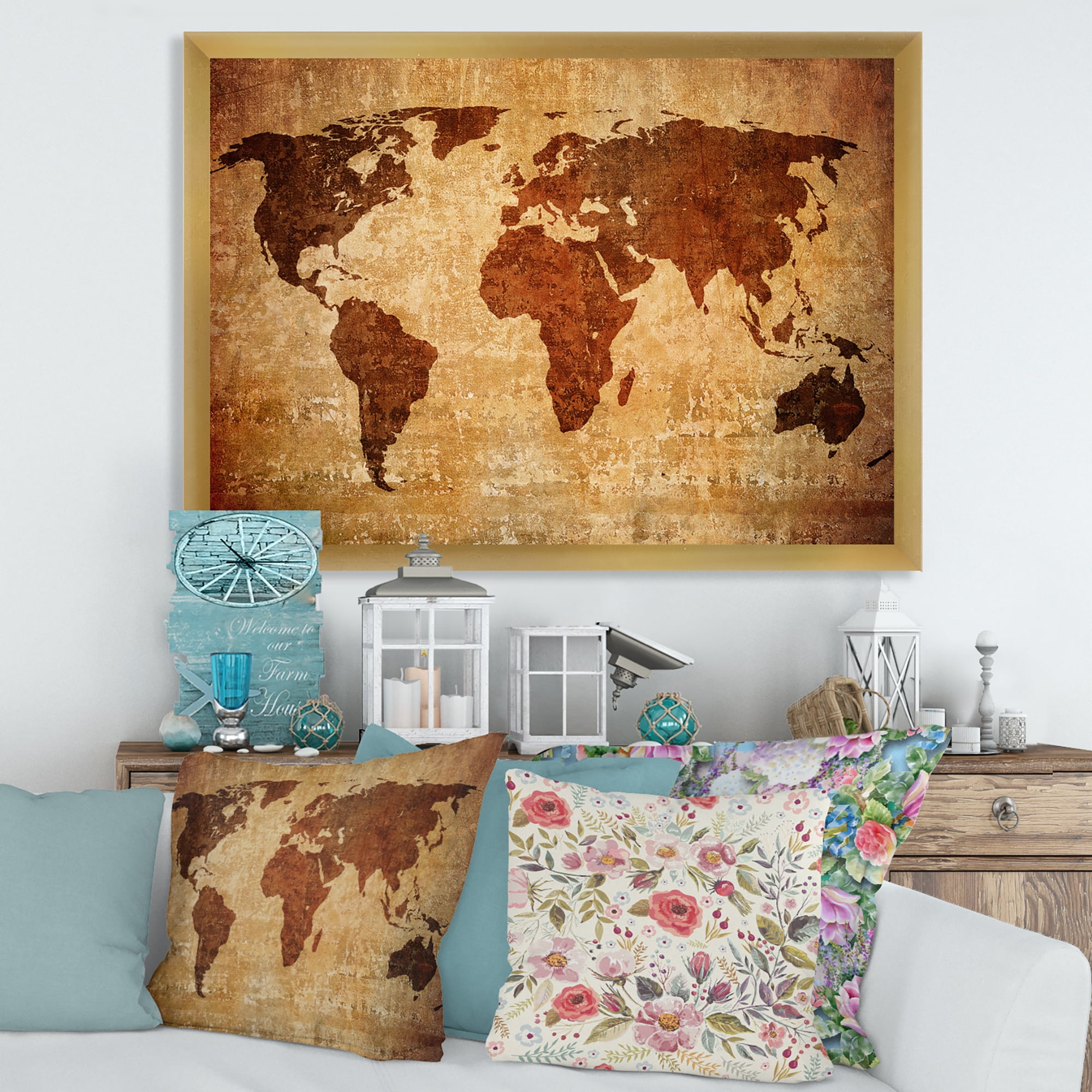 Designart 'Ancient World Map XI' Vintage Framed Art Print