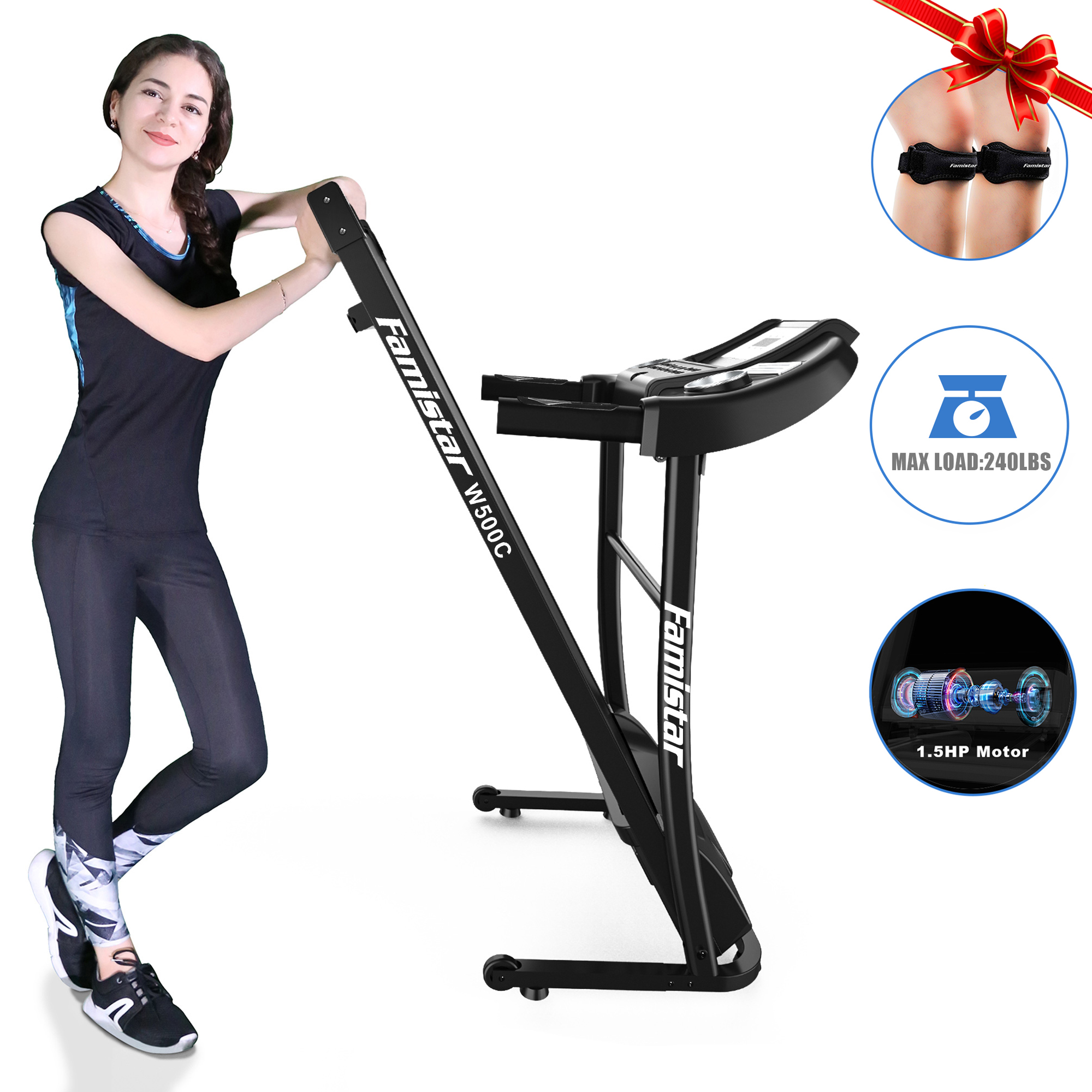 Famistar 12 Running Program Portable Folding Electric Treadmill, Easy Assembly Running Machine with Hand Pulse Sensor Cup Holder Safety Key, Free Knee Strap Gift Included, W500C - image 4 of 12