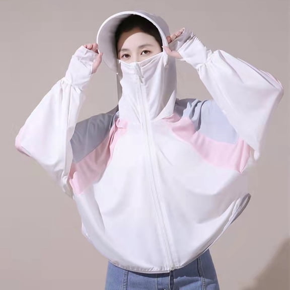 Mdesiwst Women Sunscreen Coat Zipper Opening Hooded Face Nack Protection Ice Silk Anti-UV Thin Soft Breathable Long Sleeve Color Matching Cycling Camping Jacket