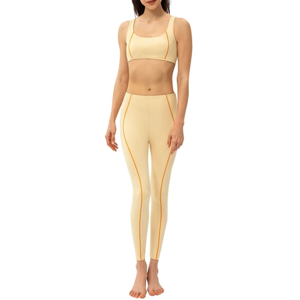 Conjunto de sujetador y leggings de yoga para mujer con relleno a rayas sin aros para entrenamiento Irfora Amarillo/L