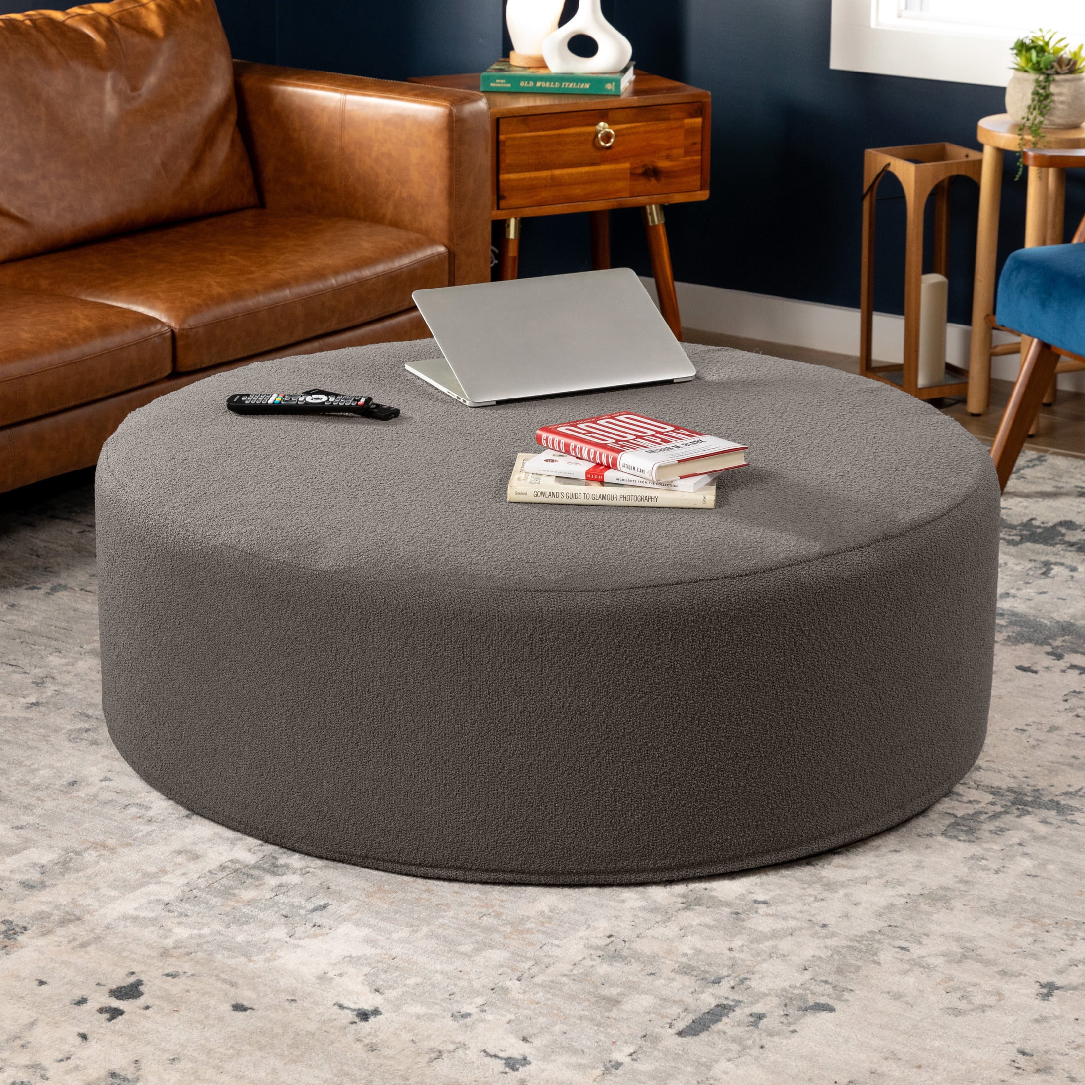 Jaxx Candler Round Coffee Table Ottoman, Oversized, 44-Inch, Boucle Dark Grey