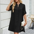 thumbnail image 4 of Womens Solid Color Loose Fit Shirt Dress Casual V-Neck Button Down Rolled-Up Long Sleeves Midi Dresses Side Split Dress, 4 of 5