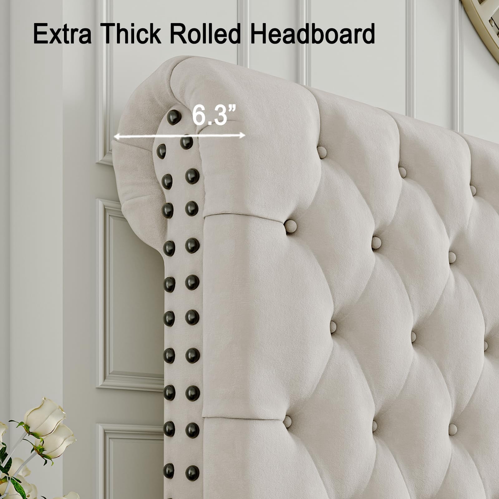 Merluxy Queen Bed Frame with Upholstered Tufted Sleigh Headboard, Velvet Cream